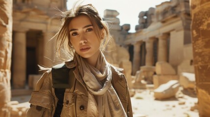 An image of a beautiful female adventurer posing and looking at the camera. Background of an archaeologist standing with ancient remnants of an ancient civilization, fossilized remains of an