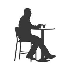 Silhouette man sitting at a table in the cafe black color only