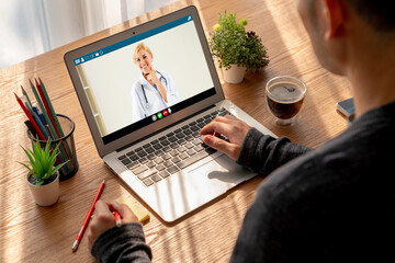 Doctor video call online by modish telemedicine software application for virtual meeting with...