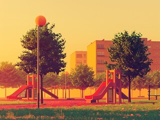 Dilapidated park to bustling playground, children laughing, golden hour lighting, heartwarming scene