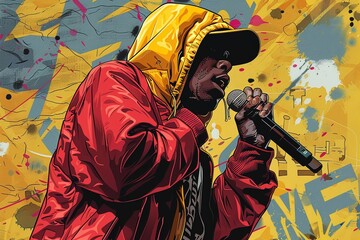 A graffiti-covered wall with a portrait of a rapper wearing a yellow hoodie and red jacket holding a microphone in front of it.