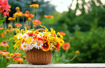 Summer background. bright colorful flowers in wicker basket on table in garden, abstract natural...
