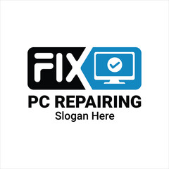 Computer Fix Logo Vector. PC Repairing Logo Design Illustration With Laptop Maintenance Tick Approval Icon, Sign, Symbol. Fixing Logo For Workshops.
