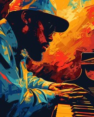 A painting of a jazz musician playing the piano in a colorful abstract style.