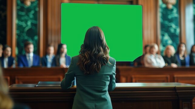 Women’s Representative Speaking at Press Conference in Government Building. Poster on Display. Press Officer Delivering Speech at Summit. Minister in Congress. - Powered by Adobe