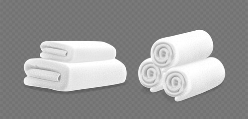 Neatly Stacked And Rolled White Terry Towels Isolated On A Transparent Background. Realistic 3d Vector Household Textile