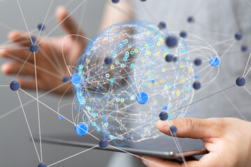 Global network. Blockchain. 3D illustration. Neural networks and artificial intelligence. Abstract