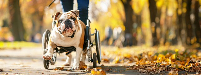 Dog with disabilities in wheelchair having fun during a walk in city park, lives in wheelchair, Concept of adopting a pet from a shelter