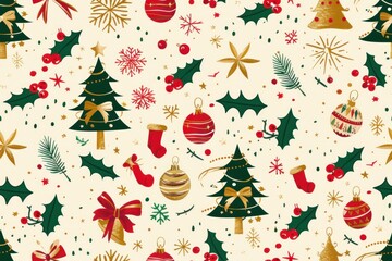 Elegant and Classic Christmas Pattern with Delicate Snowflakes and Red Accents