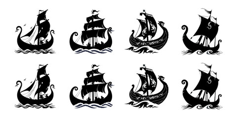 black and white silhouettes of pirate ships set