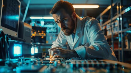 Intelligent Caucasian male engineer solders computer motherboards. Scientists design industrial PCB and silicon microchips as well as semiconductors.