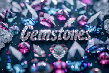 Sparkling crystals with a glitzy Gemstones text highlight the allure of precious stones in a luxurious setting