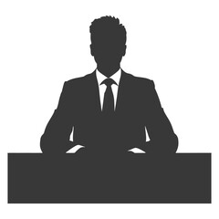 Silhouette news anchor man in action sit in front desk black color only