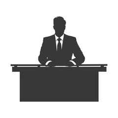Silhouette news anchor man in action sit in front desk black color only