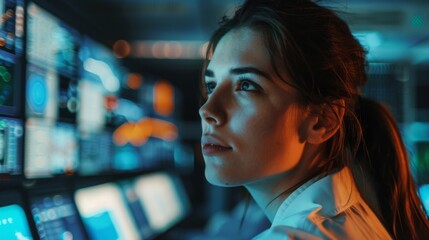 Emotional Female Flight Controller Nervous Prior to a Very Important Space Rocket Launch. Beautiful Portrait with Reflection in a Mission Control Center. Background with Computer Screens.
