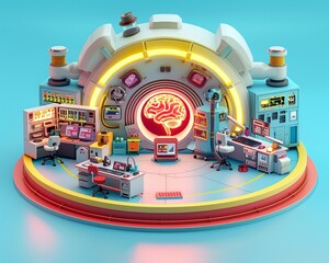Futuristic lab with brain in center, lights indicating change, top-down angle, high-tech environment