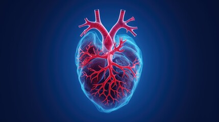 red human heart on blue background