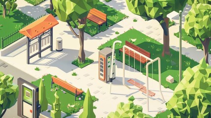 The poster shows an eco park with isometric summer landscape with trees, grass, benches and swings in a city public garden with cafes, vending machines and a playground.