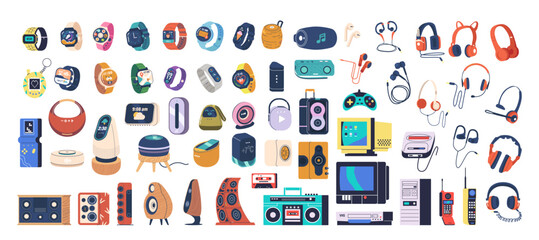 Naklejka premium Collection Of Electronic Devices Ranging From Modern Smartwatches And Wireless Headphones To Retro Gaming Consoles