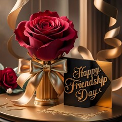 The background of Happy Friendship Day features a red rose and love.