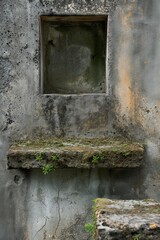 An old, weathered concrete wall with a single small window illustrating decay and solitude