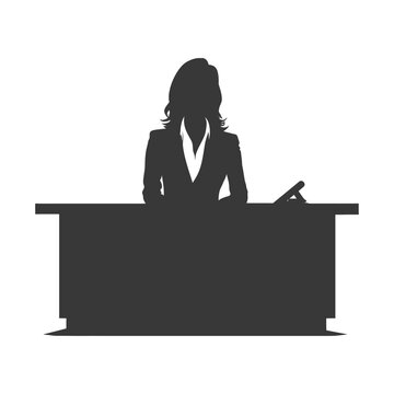 recommend clip art: Silhouette news anchor women in action sit in front desk black color only