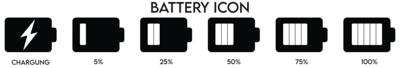 Battery icon set in flat style. battery charge level, battery charging simple black style, vector illustration.