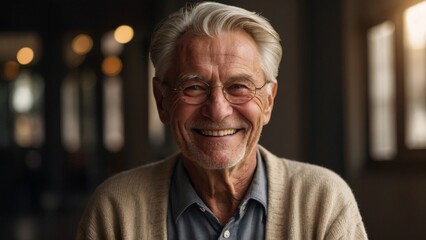 The gray-haired elderly man smiles happily