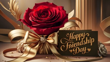 The background of Happy Friendship Day features a red rose and love.