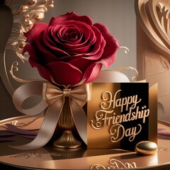 The background of Happy Friendship Day features a red rose and love.