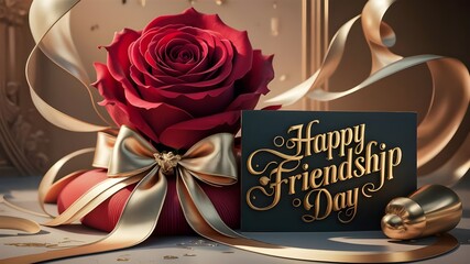 The background of Happy Friendship Day features a red rose and love.