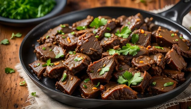 Fried lamb liver or kaleji masala, on a frying pan, a popular non-vegetarian recipe. Serve dry or with curry in a bowl, curry plate or plate
