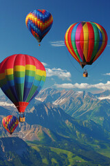 A breathtaking sight of vibrant hot air balloons drifting gracefully over a majestic mountain range, against a backdrop of clear blue skies, symbolizing adventure, and exploration