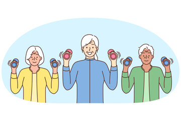 Smiling elderly people workout together