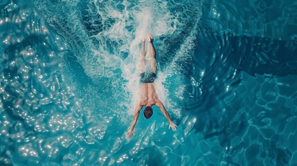 Male swimmer jumping into swimming pool, diving into water, creating a big splash. Professional athlete winning world championship. Top down view.