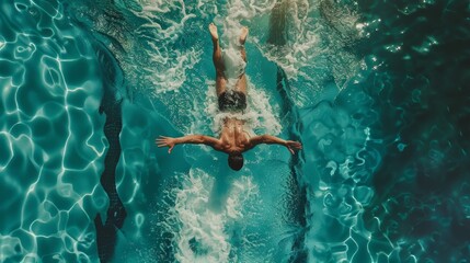 The Aerial Top View shows the male swimmer jumping into the swimming pool and creating a big splash. The view is from the top down. - Powered by Adobe