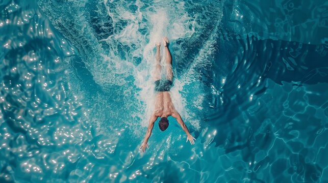 Male swimmer jumping into swimming pool, diving into water, creating a big splash. Professional athlete winning world championship. Top down view.