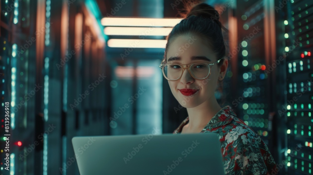 Poster cloud computing server farm system administrator smiling and looking at camera. working on iaas, saa