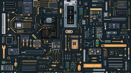 Various electronic components on a sleek black background. Ideal for technology and innovation concepts