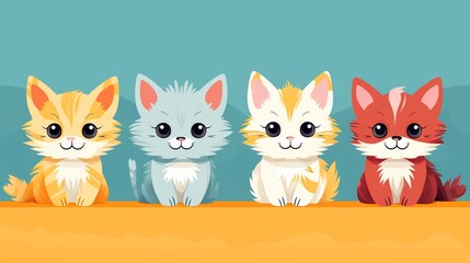 Fototapeta premium Four cute kittens in a row, looking at the camera with curious eyes.