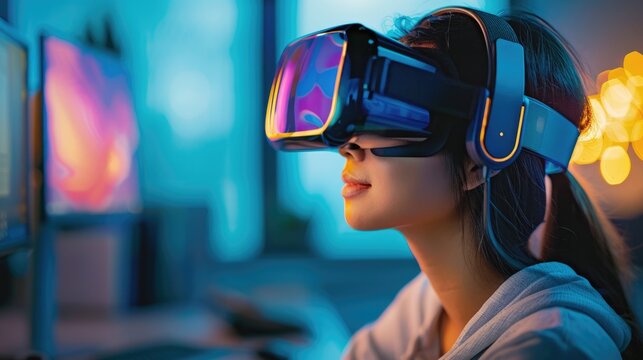 Young Asian schoolgirl wearing a virtual reality headset in a futuristic classroom with neon lights and monitors. Immersed in cyber space, blending education and gaming in a high-tech environment. - Powered by Adobe