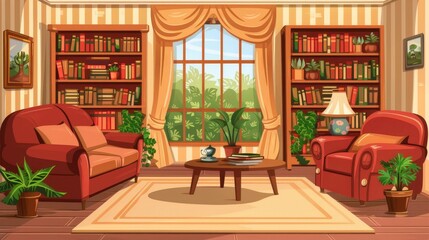 The living room interior of a house with sofas, armchairs, bookshelves, striped wallpaper, and a potted plant. Modern cartoon illustration of a living room with couches, carpets, ceiling lamps, and