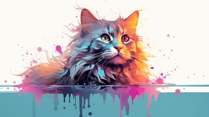 A digital painting of a cat with bright, abstract colors.