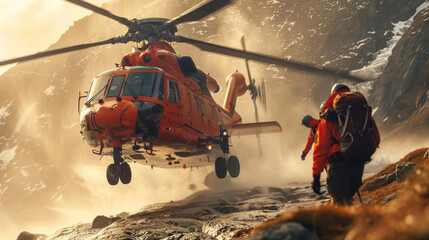 A helicopter is flying over a mountain with two people on the ground