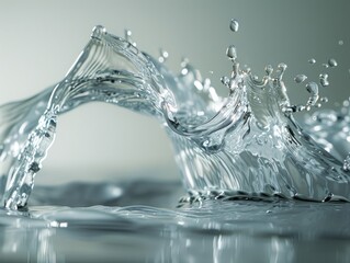 Close-up macro shot of a dynamic water splash on a gray background with shallow depth of field. Perfect abstract background for freshness, purity, and fluidity concepts with copy space.