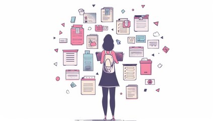 Landing page for electronic document management. Data archive organization, office documents, and files storage. Modern illustration of woman sorting and organizing papers. Doodle icons.