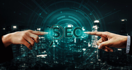 SEO - Search Engine Optimization for Online Marketing Concept. Modern graphic interface showing...