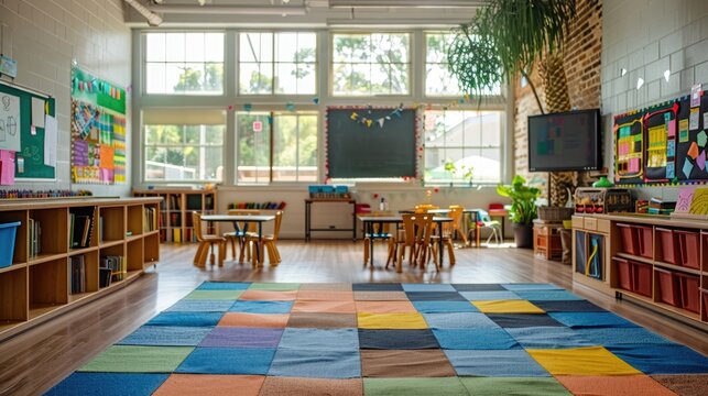 Bright school or kindergarten classroom with square colorful carpet and blackboard on the wall near a sunny window. Cheerful learning space for children, perfect for back-to-school or education themes