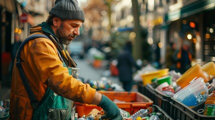 Naklejka premium A man is actively picking up trash on the street during a recycling event in a major city