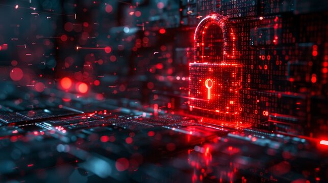 Illuminated Red Cyber Security Lock Icon